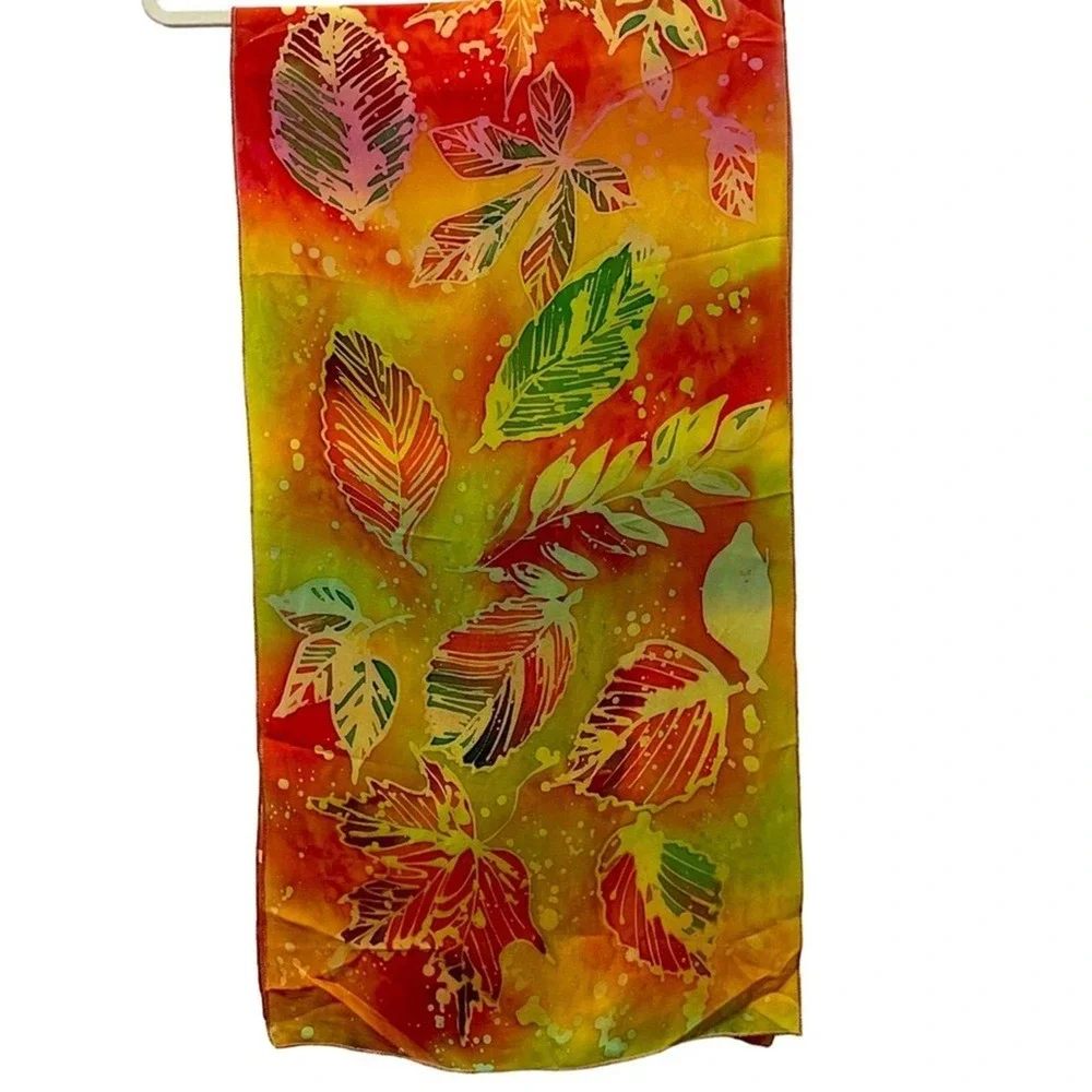 Batik Leaf Silk Scarf Womens Orange Green Fall Boho Chic Artsy Statement Vintage